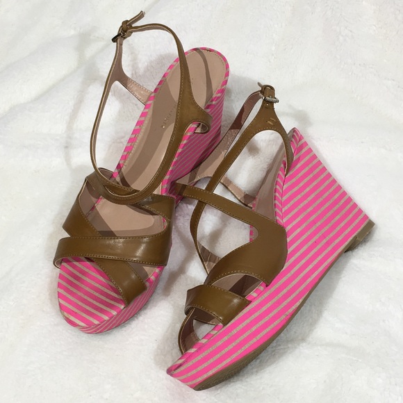 Tommy Hilfiger Open Toe Camel leather strap Pink Stripe wedges - 9.5 - Picture 1 of 8